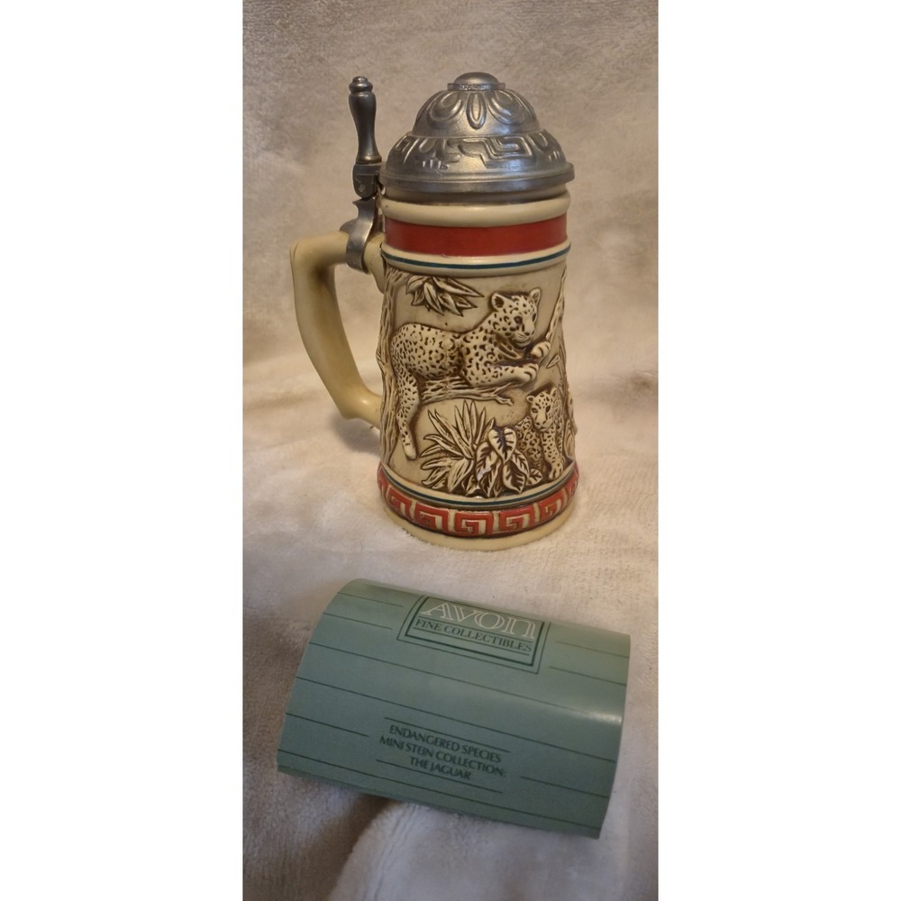 AVON Endangered Species Jaguar Beer Stein 1991 Brazil w/ Lid & Paperwork